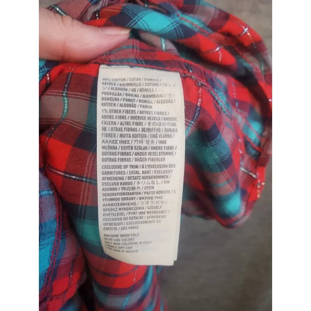 Hollister Women's Size L Green, Red & Metallic Button Up Plaid Western Shirt - Picture 4 of 6